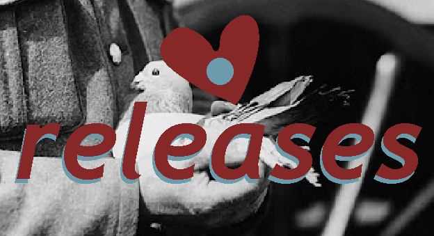 blue and red text reads 'releases' below a heart with a blue dot inside it. the background is of a world war one carrier pigeon