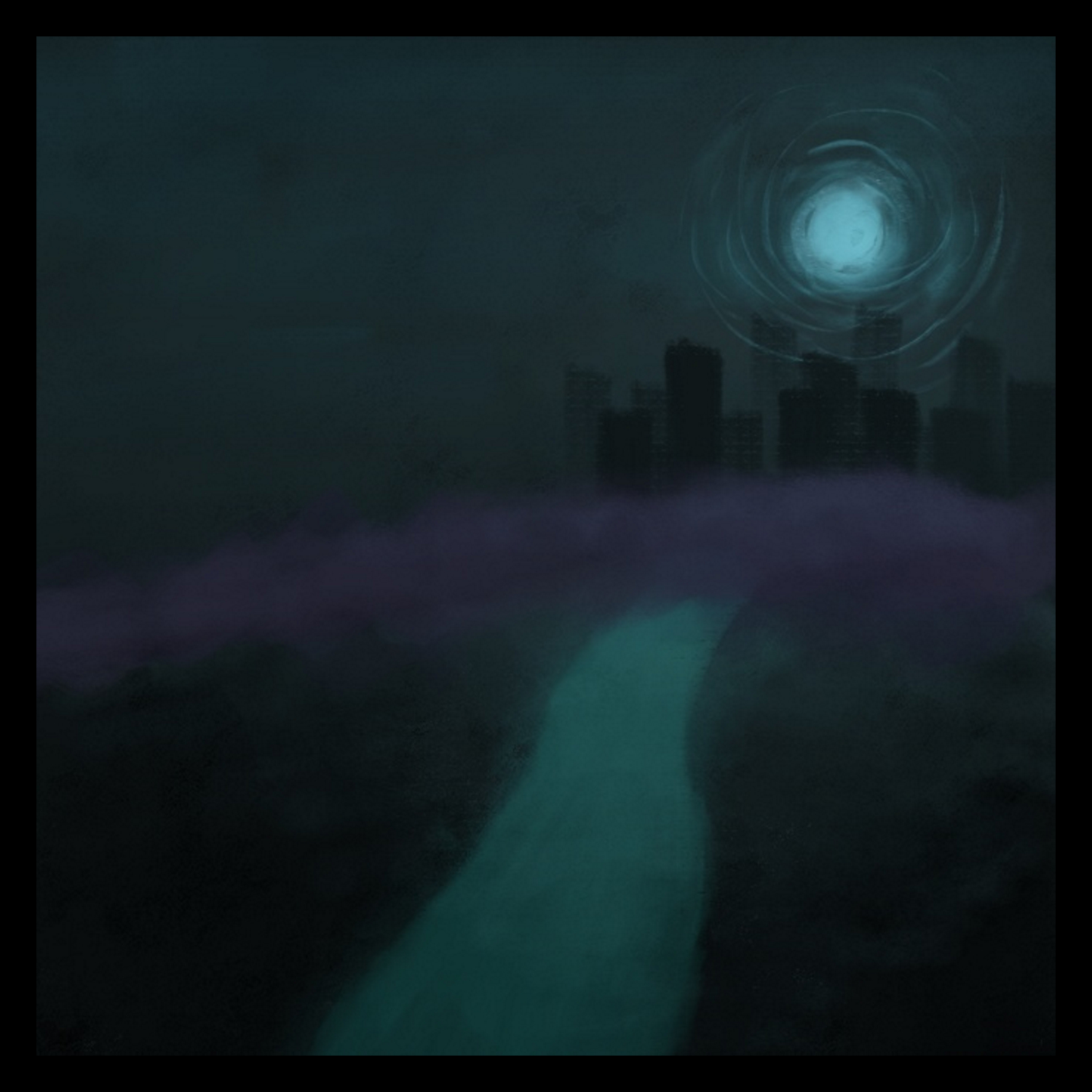 a drawing of a long blue landscape. in the distance, a city is visible, with a blue moon radiating above.