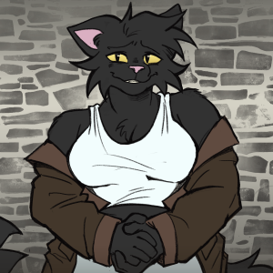 a drawing of a nervous black anthro cat standing in front of a brick wall, holding her hands together.