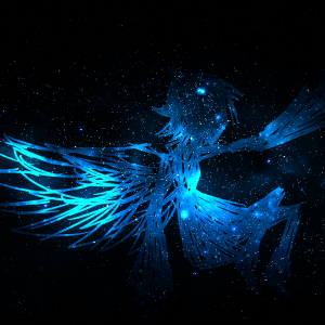 a drawing of a sketched blue silhouette within a starry sky.