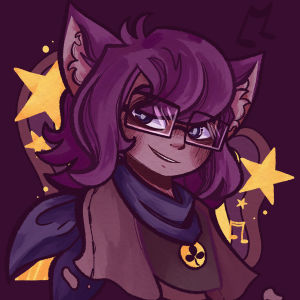 A drawing of a catlike humanoid with glasses smiling at the viewer. Yellow stars and music notes float around them.