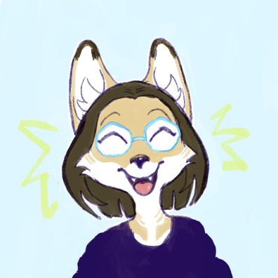 a drawing of an anthro fox with glasses and brown hair smiling at the viewer.