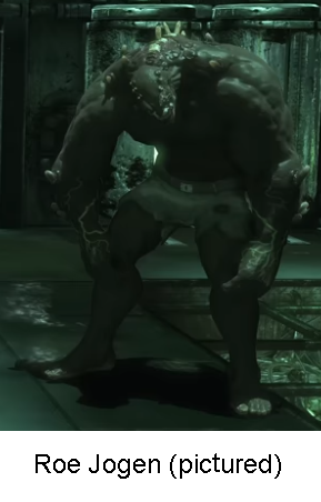 a screenshot of an enemy from batman arkham asylum titled the titan, a white bar at the bottom with black text reading roe jogen pictured