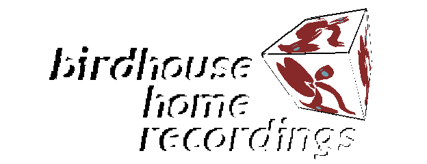 white text reading birdhouse home recordings. an angled cube with abstract symbols in it with blue and red colours sits in its top right corner.
