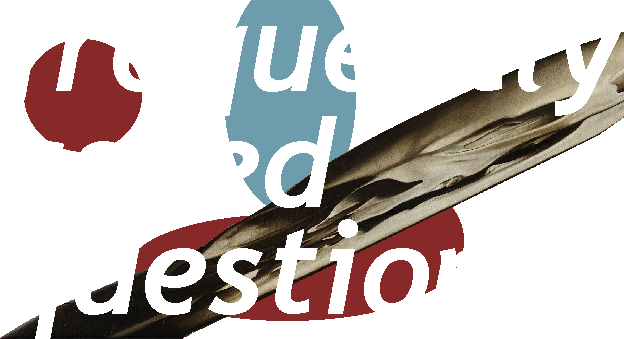 white text reading frequently asked questions. there is a skull behind the text, with red and blue blobs around it.