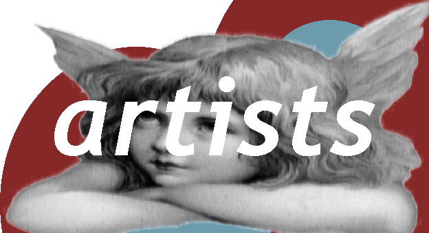 white text reads artists. behind the text lay a greyscaled angel, looking to their left. they are surrounded by blue and red blobs
